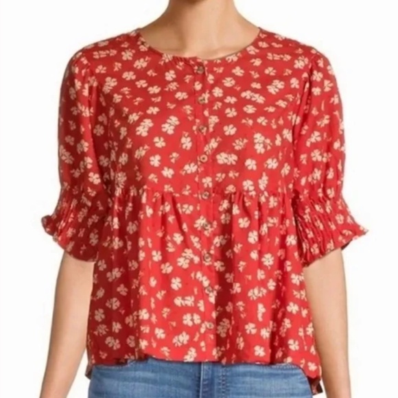 Madewell Tops - Madewell Puff-Sleeve Button-Front Top in Swiss Dot Happy Hibiscus Size Medium